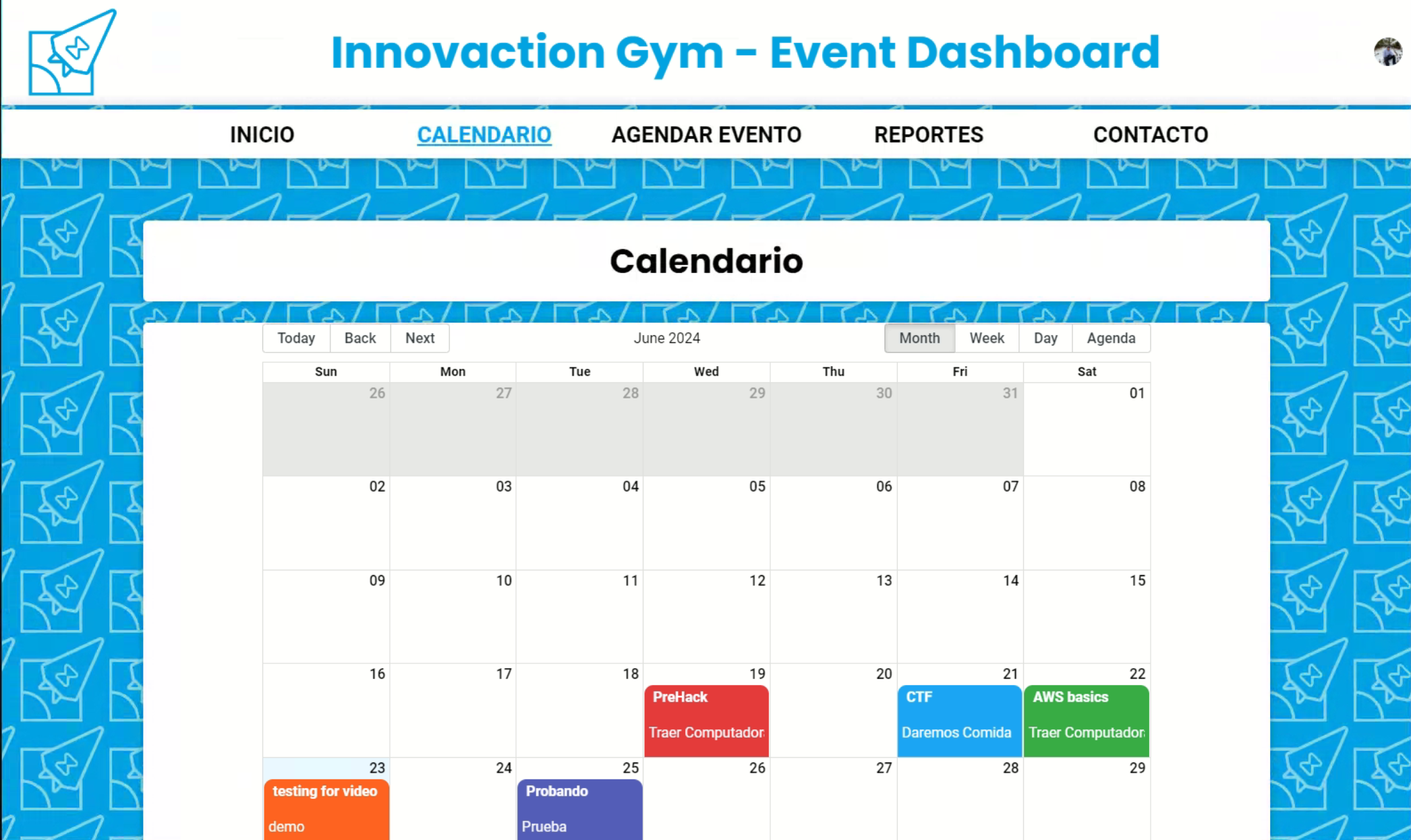 Innovaction Gym Event Dashboard screenshot